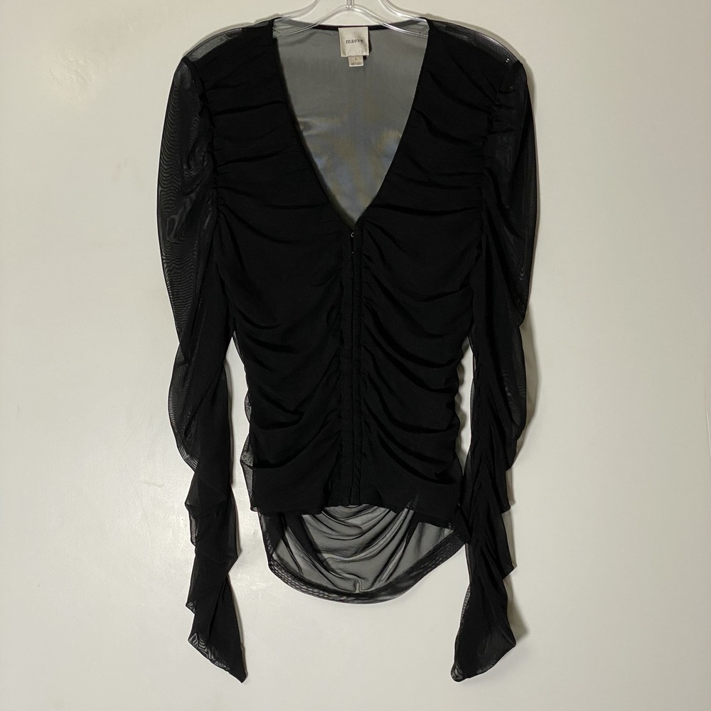 Maeve Anthropologie Top Womens Large Black Mesh Long Sleeve Sheer Rutched Boho L